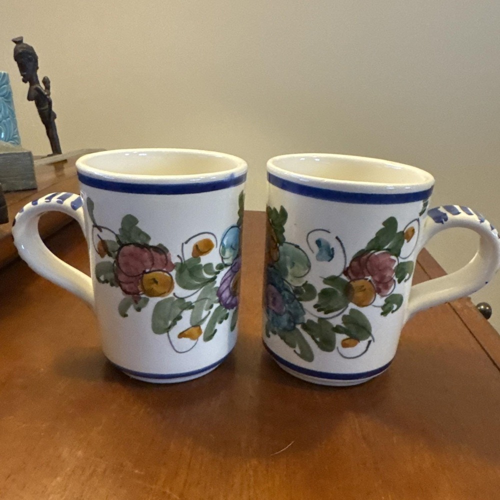 Handmade Spanish Pottery Mug Cup Hand Painted Floral Majolica Signed Set of 2
